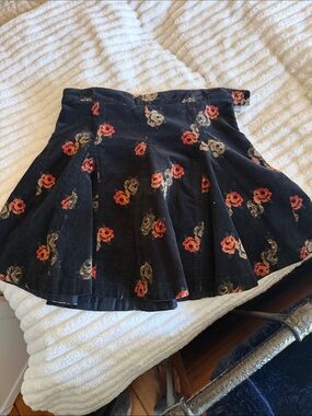 Free People Black Corduroy Floral Skater Skirt with Red & Cream Blooms